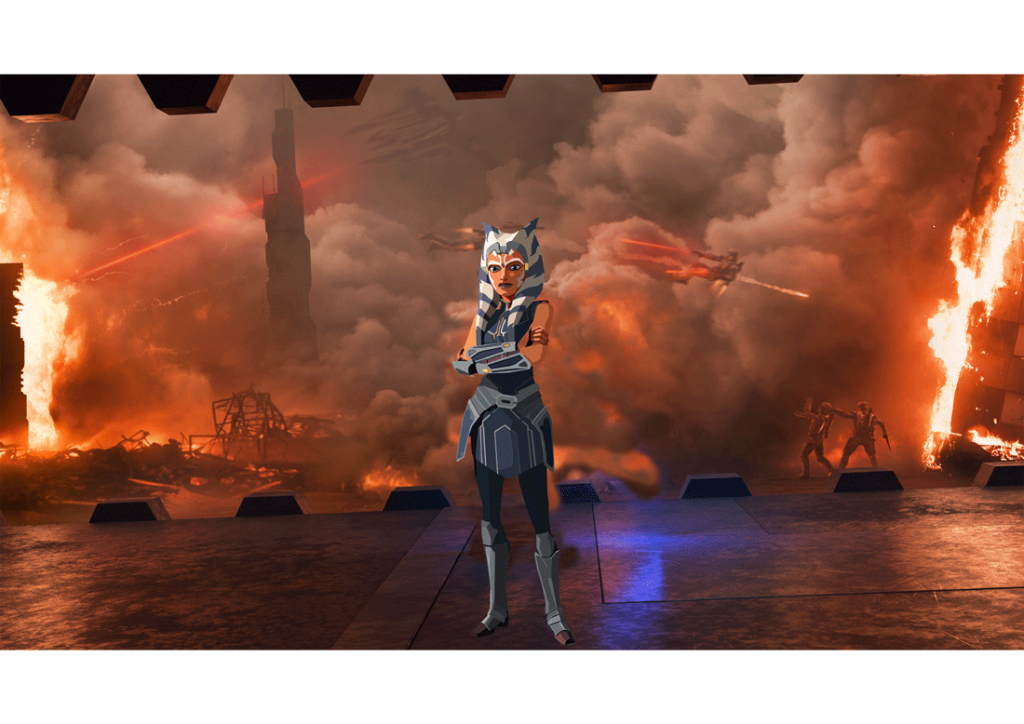 Dessin de Ahsoka Tano de Star Wars the clone wars fais avec Illustrator avec un fond d'explosion fait avec photoshop